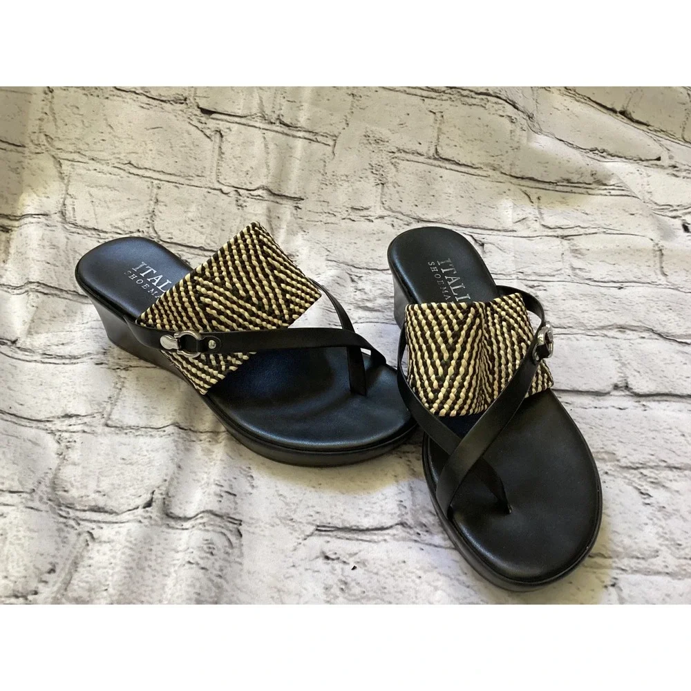 Italian Shoemakers Black Woven Wedge Sandals Platform Toe Loop Slides Size 7.5